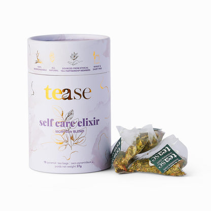 Tease Tea Organic Tea Tube Gift Set | 15 Piece Botanical Pyramid Tea Bag Infuser Sachets Loose Leaf Support Citrusy Blend with Rooibos, Peppermint, Valerian Root Caffeine Free 37g (Golden Slumbers)