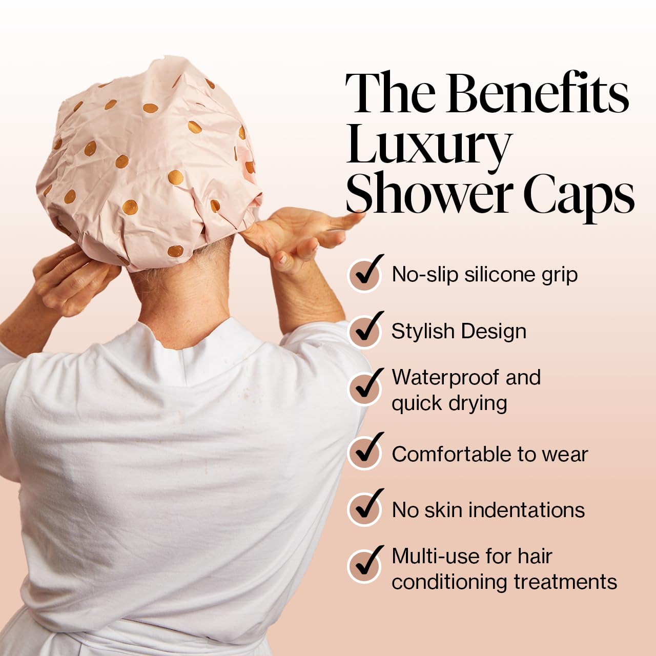 Kitsch Luxury Shower Cap for Women - Reusable Shower Cap for Long Hair with Non Slip Silicon Grip | Waterproof Hair Cap for Shower with One Size Fits Most | Stylish Hair Cover for Shower (Blush Dot)