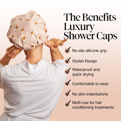 Kitsch Luxury Shower Cap for Women - Reusable Shower Cap for Long Hair with Non Slip Silicon Grip | Waterproof Hair Cap for Shower with One Size Fits Most | Stylish Hair Cover for Shower (Blush Dot)