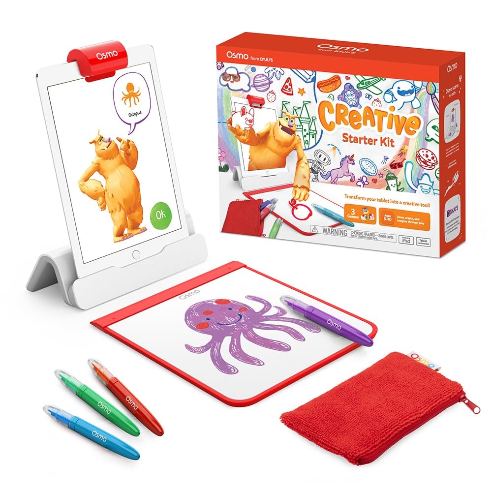 Osmo - Creative Starter Kit for iPad - 3 Educational Learning Games - Ages 5-10 - Drawing, Word Problems &amp; Early Physics - STEM Toy Gifts for Kids, Boy &amp; Girl - Ages 5 6 7 8 9 10 (Osmo Base Included)