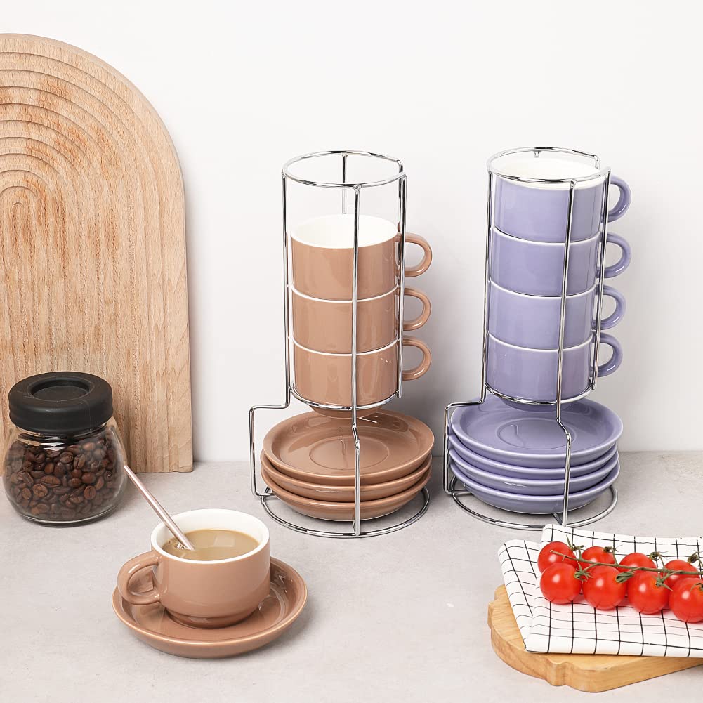 Sweejar Porcelain Espresso Cups with Saucers, 2.5 Ounce Stackable Cappuccino Cups with Metal Stand for Coffee Drinks, Latte, Tea - Set of 4 (Black)