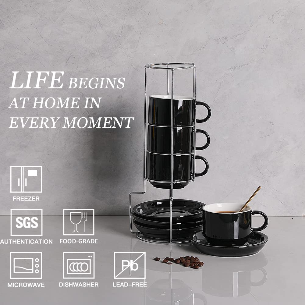 Sweejar Porcelain Espresso Cups with Saucers, 2.5 Ounce Stackable Cappuccino Cups with Metal Stand for Coffee Drinks, Latte, Tea - Set of 4 (Black)