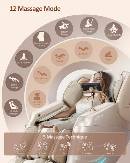 RELX Massage Chair Full Body Zero Gravity SL-Track Shiatsu Massage Chair, 12 Modes, Airbag Massage, with Yoga Stretch, Foot Massage, AI Control (Cream)