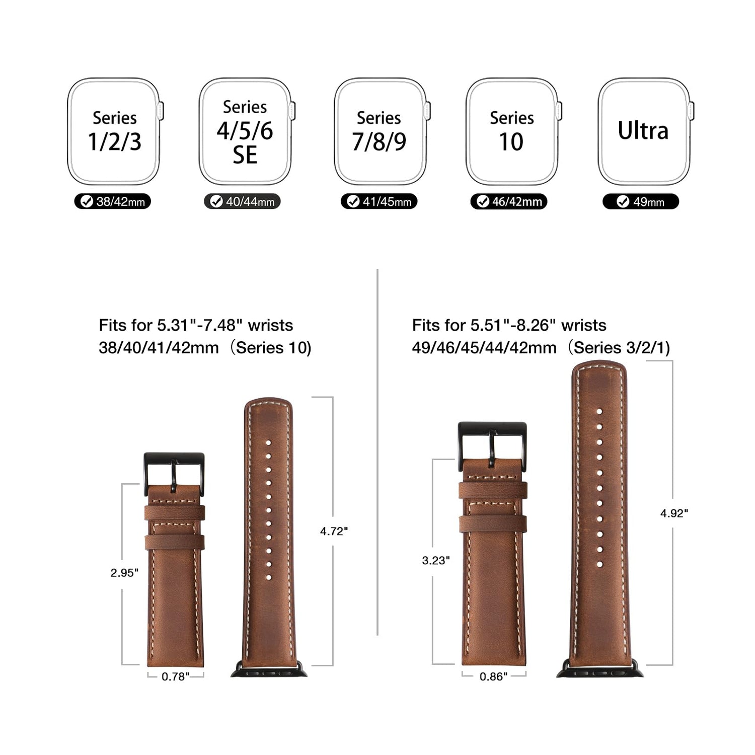 Bestig Compatible with Apple Watch Band 49mm 46mm 45mm 44mm 42mm(Series 3 2 1) Apple Watch Leather Bands Genuine Leather for iWatch Strap Ultra Series 10 9 8 7 6 5 4 SE Women Man-Redbrown/Black