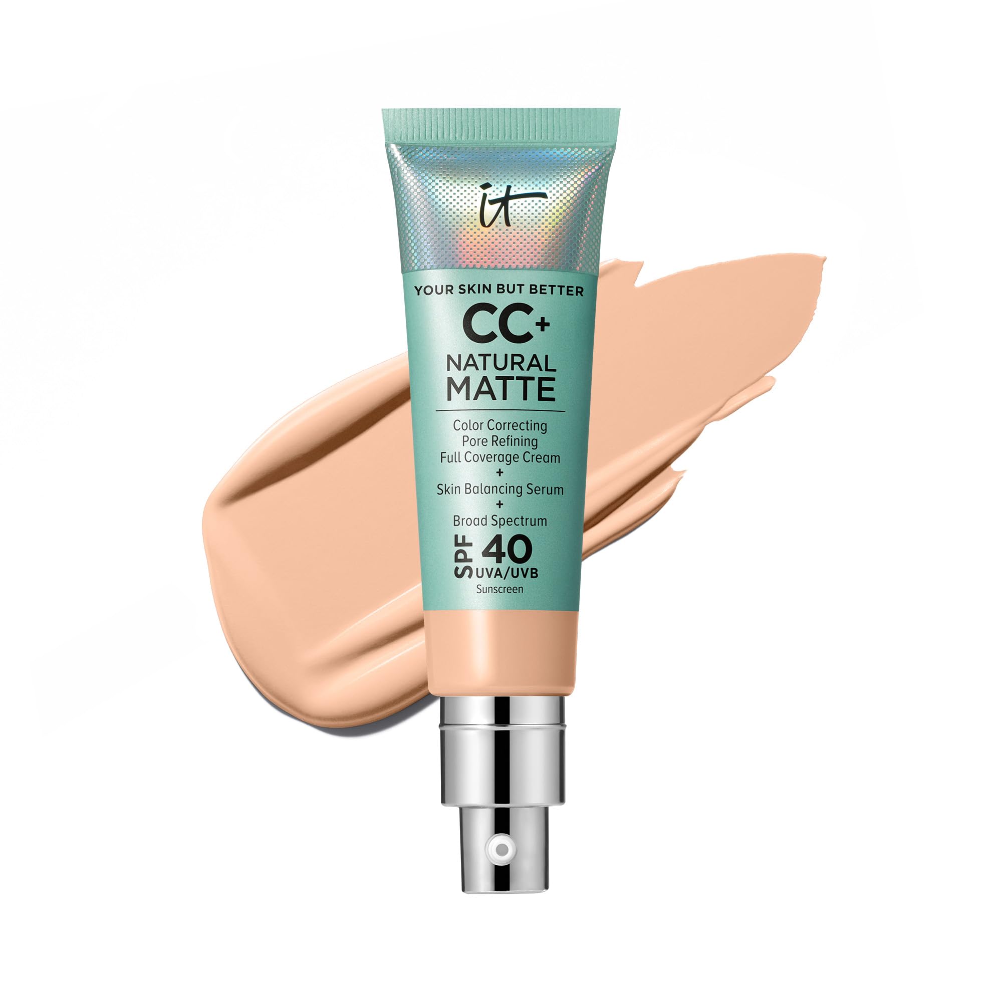 IT Cosmetics CC+ Cream Natural Matte Foundation with SPF 40 - Shine-Reducing &amp; Long-Wear Full Coverage Foundation For Oily Skin - With Hyaluronic Acid - Fragrance Free &amp; Non-Comedogenic - 1.08 fl oz