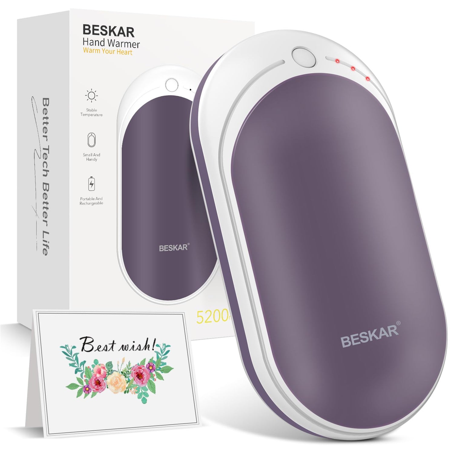 BESKAR Rechargeable Hand Warmer, 5200mAh Electric Hand Heater, Double-Sided Heating, USB Quick Charge, Portable Pocket Hand Warmer for Outdoor, Golf, Raynauds - Winter Gift