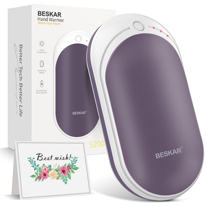 BESKAR Rechargeable Hand Warmer, 5200mAh Electric Hand Heater, Double-Sided Heating, USB Quick Charge, Portable Pocket Hand Warmer for Outdoor, Golf, Raynauds - Winter Gift