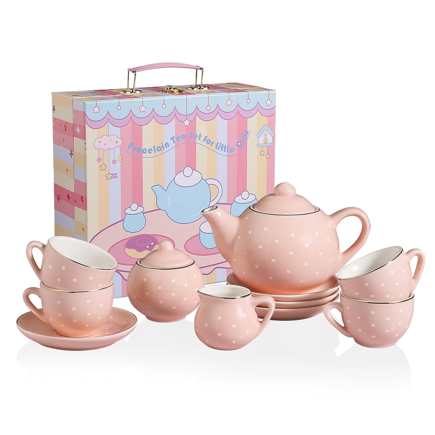 Sweejar Porcelain Tea Set for Little Girls,Kitchen Toys Tea Party Set for Kids Toddler Kitchen Pretend Toy Include Children Teapot, Cup &amp; Saucer Set of 4, Sugar Bowl and Cream Pitcher(Pink Polka Dot)