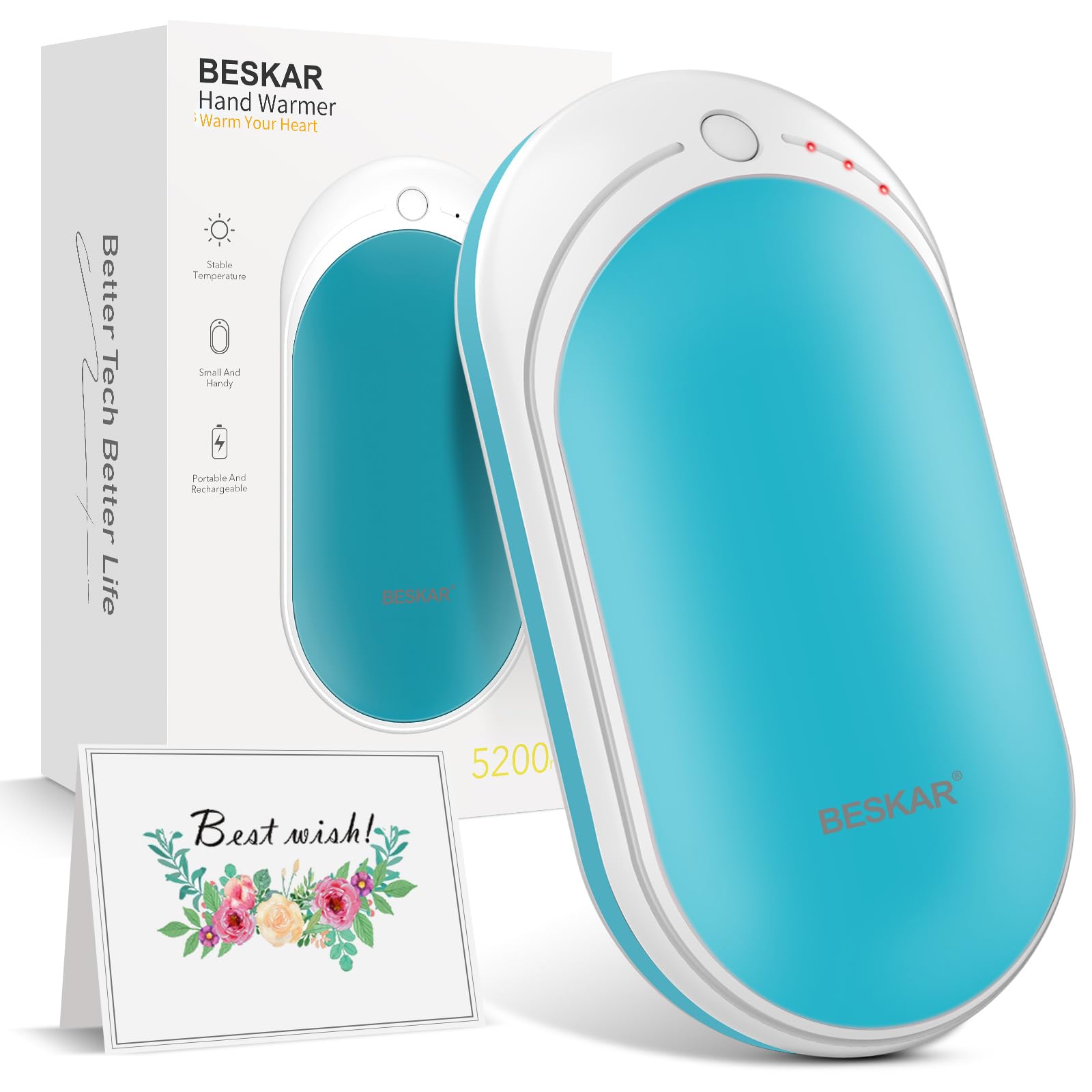 BESKAR Rechargeable Hand Warmer, 5200mAh Electric Hand Heater, Double-Sided Heating, USB Quick Charge, Portable Pocket Hand Warmer for Outdoor, Golf, Raynauds - Winter Gift
