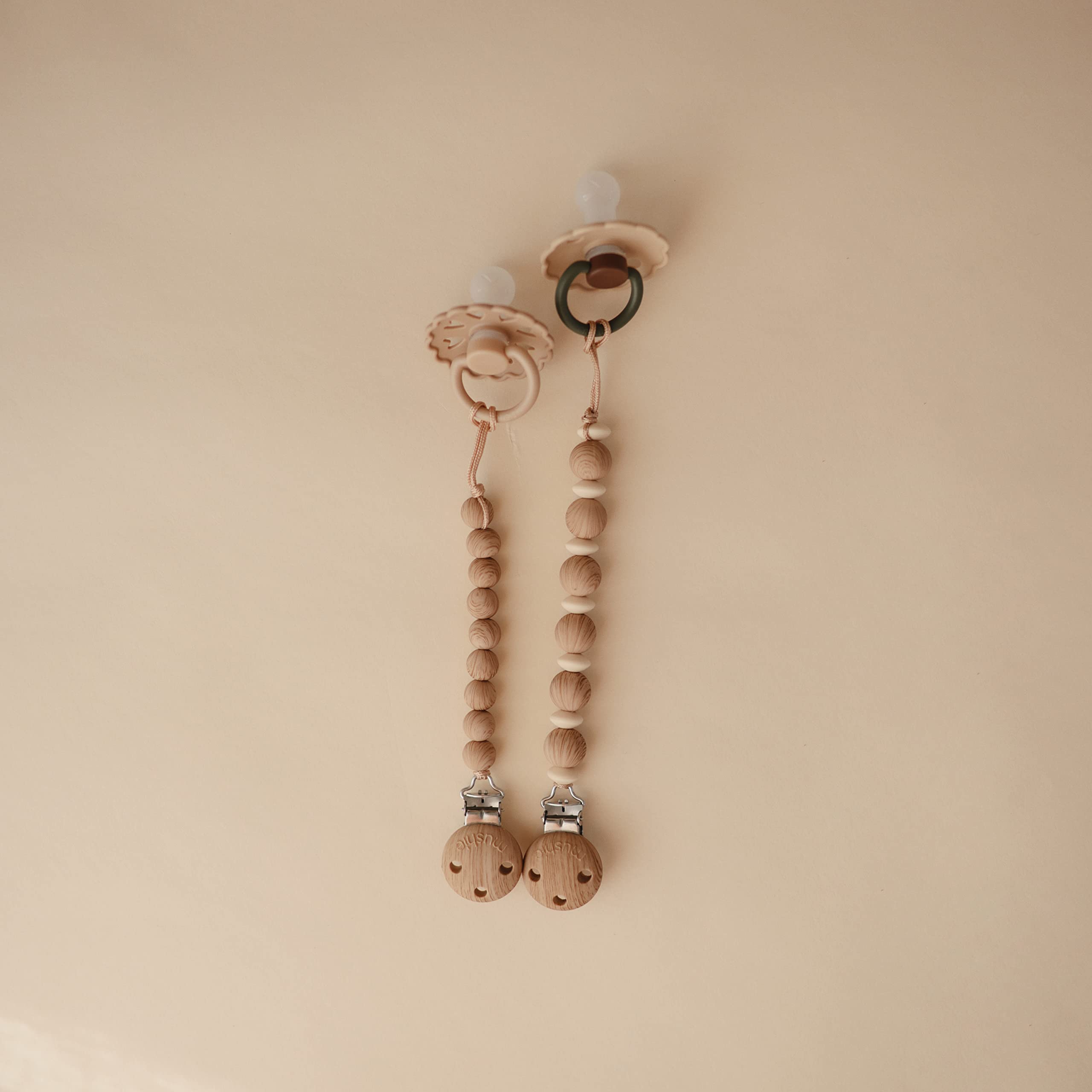 mushie 100% Silicone Baby Pacifier Clip BPA Free | Luna (Faux Wood)