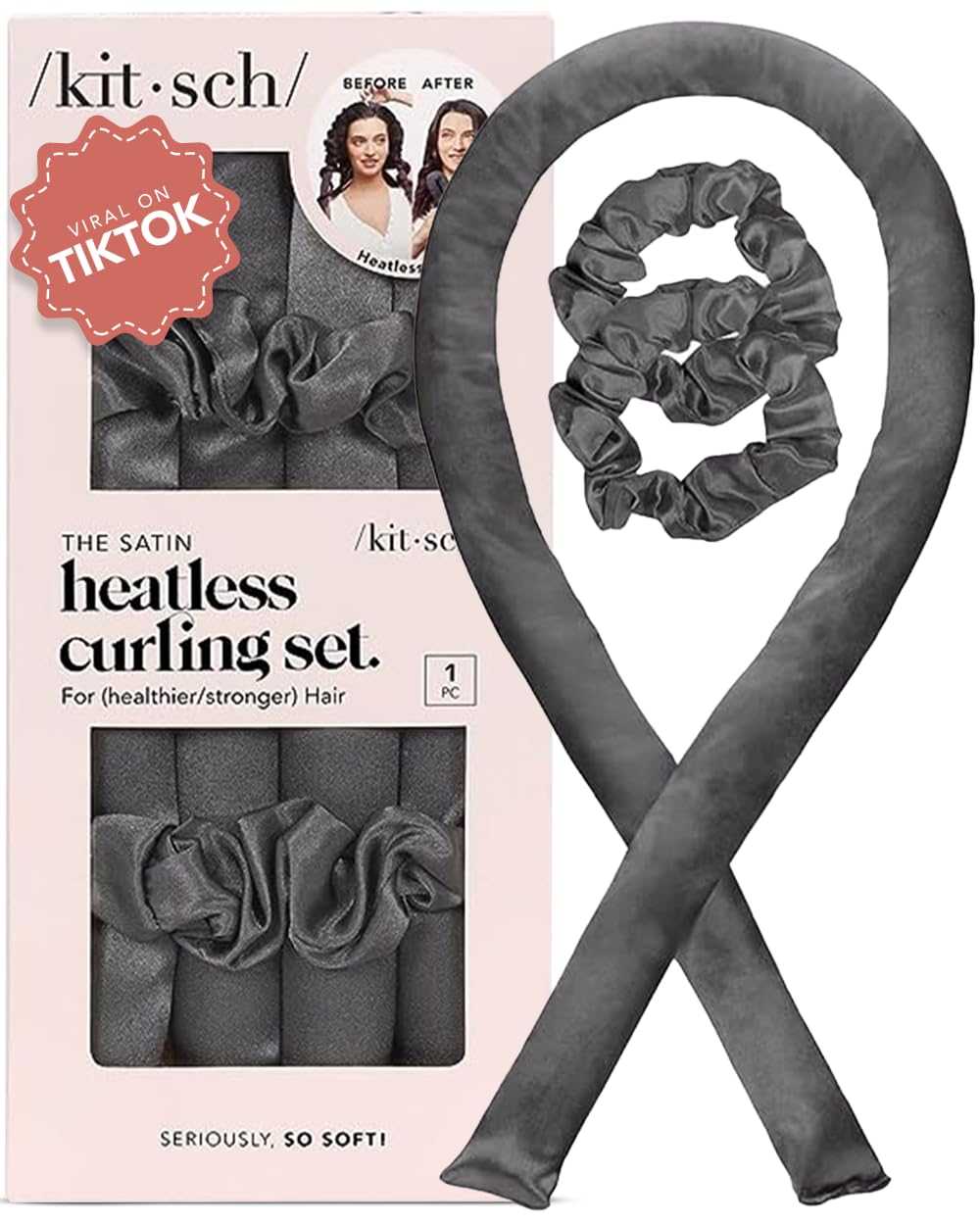 Kitsch Satin Heatless Curling Set for No-Heat Soft Curls | Overnight Hair Curlers &amp; Curling Rod Headband, Frizz-Free Styling | Gentle Rollers for All Hair Types - 1 Pack (Charcoal)
