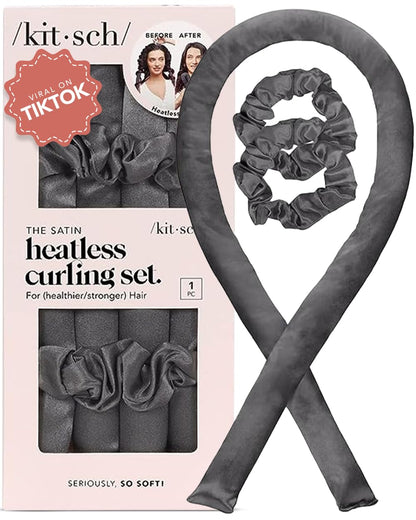 Kitsch Satin Heatless Curling Set for No-Heat Soft Curls | Overnight Hair Curlers &amp; Curling Rod Headband, Frizz-Free Styling | Gentle Rollers for All Hair Types - 1 Pack (Charcoal)