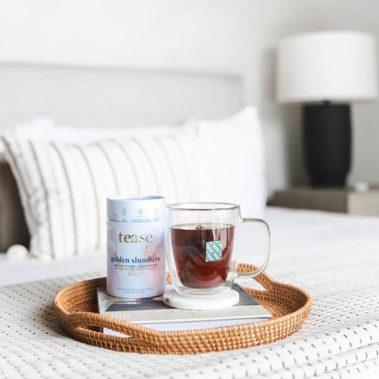 Tease Tea Organic Tea Tube Gift Set | 15 Piece Botanical Pyramid Tea Bag Infuser Sachets Loose Leaf Support Citrusy Blend with Rooibos, Peppermint, Valerian Root Caffeine Free 37g (Golden Slumbers)