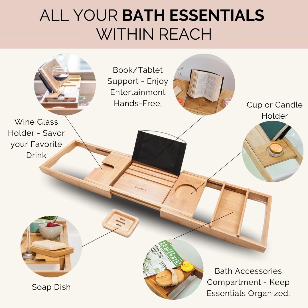 Bamboo Bathtub Tray Caddy Expandable - Over The Tub Bath Caddy Tray for Bathtub Accessories for Relaxing Spa, Bamboo Bath Tray for Tub Accessories for Bathtub for Women. Bath Spa Gifts for Women.
