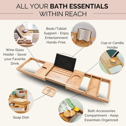 Bamboo Bathtub Tray Caddy Expandable - Over The Tub Bath Caddy Tray for Bathtub Accessories for Relaxing Spa, Bamboo Bath Tray for Tub Accessories for Bathtub for Women. Bath Spa Gifts for Women.