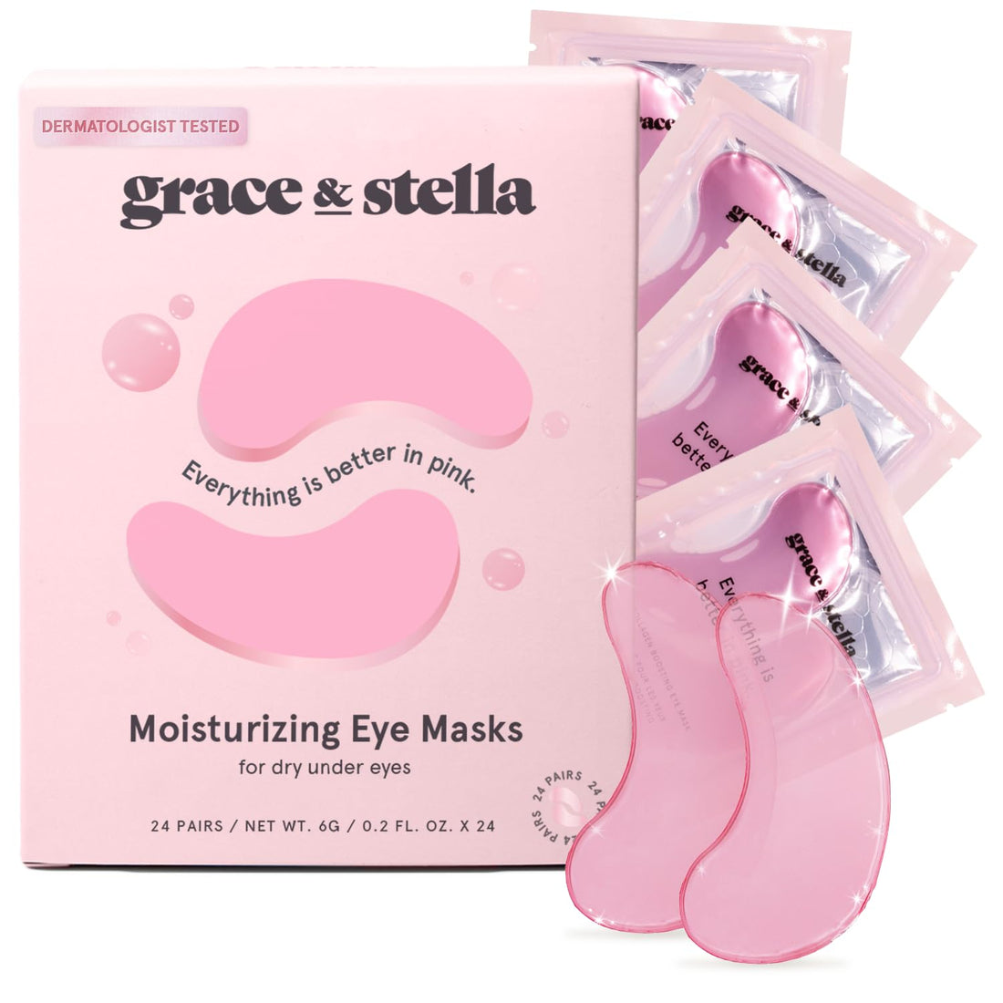 grace &amp; stella Eye Mask Pink 24 Pairs + Hyaluronic Acid Serum 1.7 fl oz Bundle