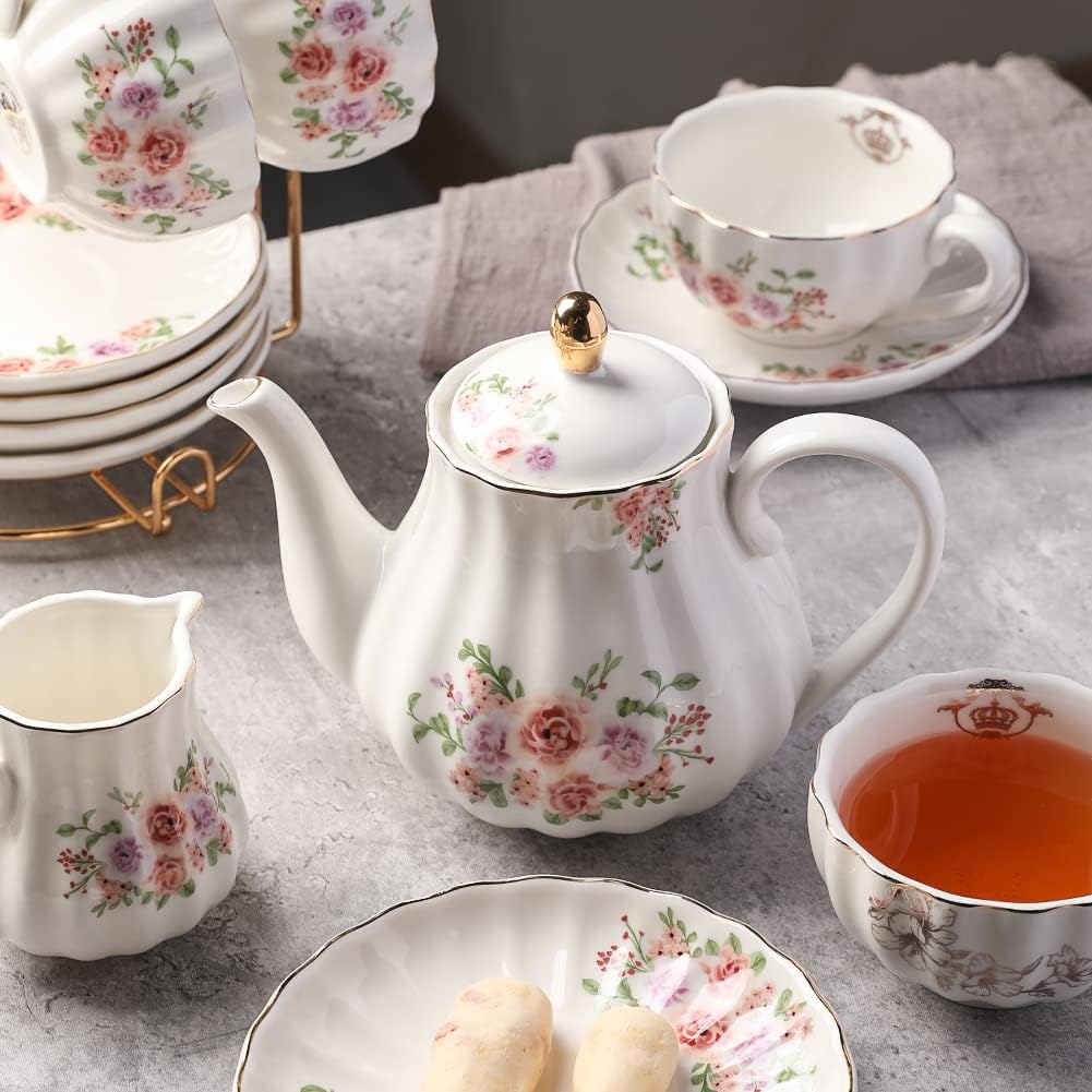 Sweejar Porcelain Tea Sets British Royal Series and 3 Tier Ceramic Cake Stand(Rose Flower)