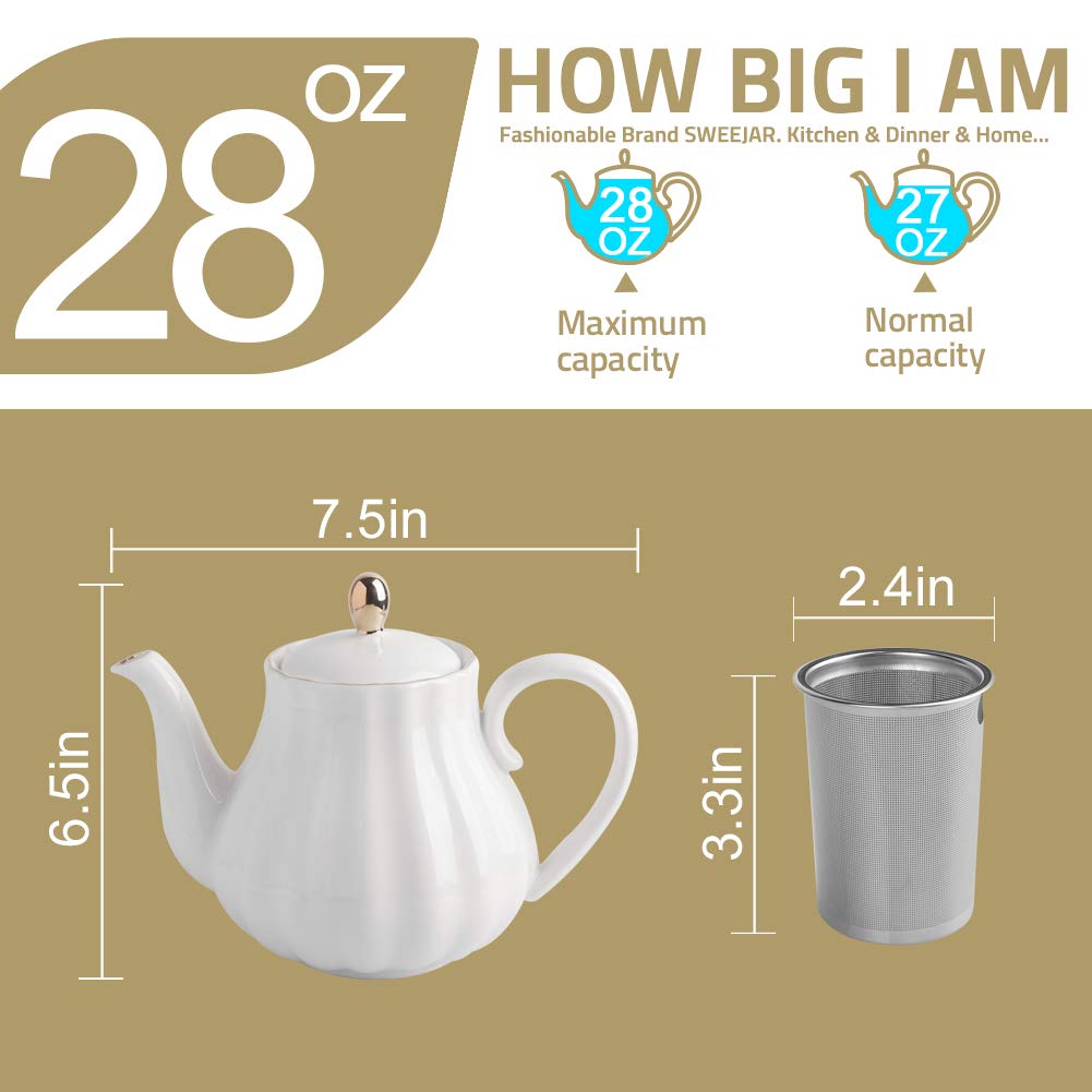 Sweejar Royal Ceramic Sugar and Creamer Set with Lid, 28 oz Teapot with Removable Stainless Steel Infuser,Blooming &amp; Loose Leaf Teapot offee Serving Set Wedding Gift(Pink)