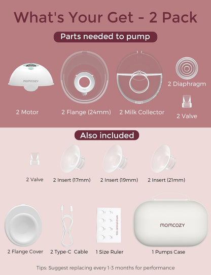 Momcozy Breast Pump Hands Free M5, Wearable Breast Pump of Baby Mouth Double-Sealed Flange with 3 Modes &amp; 9 Levels, Electric Breast Pump Portable - 24mm, 2 Pack Mint