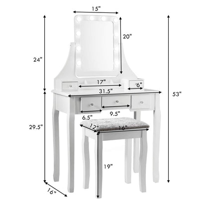 DORTALA Vanity Table Set with 360° Mirror &amp; Cushioned Stool, Makeup Table with 10 LED Dimmable Bulbs, Bedroom Wood Dressing Table with 5 Drawers and Removable Box Organizer, Gift for Females (White)