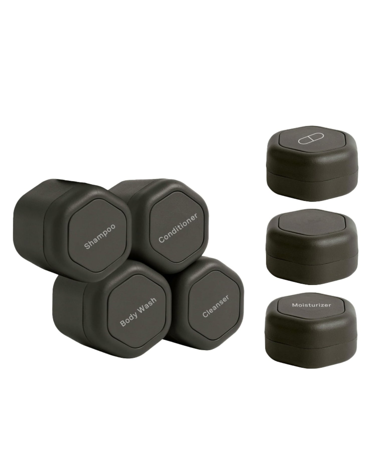 Cadence Travel Containers - Daily Routine Capsule Set - Magnetic Travel Capsules - For Shampoo, Conditioner, Body Wash, Pills, and More - 4 Flex Mediums (1.32oz) &amp; 3 Flex Smalls (0.56oz) - Sand