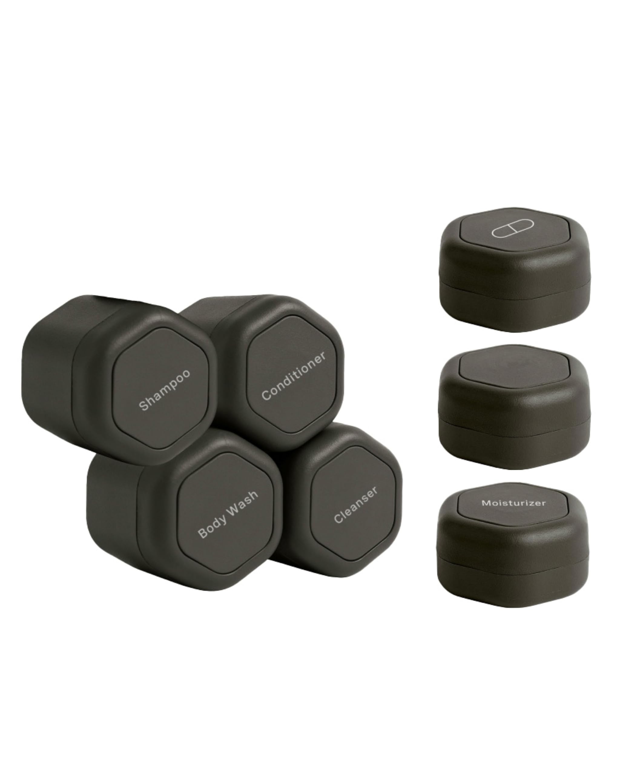 Cadence Travel Containers - Daily Routine Capsule Set - Magnetic Travel Capsules - For Shampoo, Conditioner, Body Wash, Pills, and More - 4 Flex Mediums (1.32oz) &amp; 3 Flex Smalls (0.56oz) - Sand