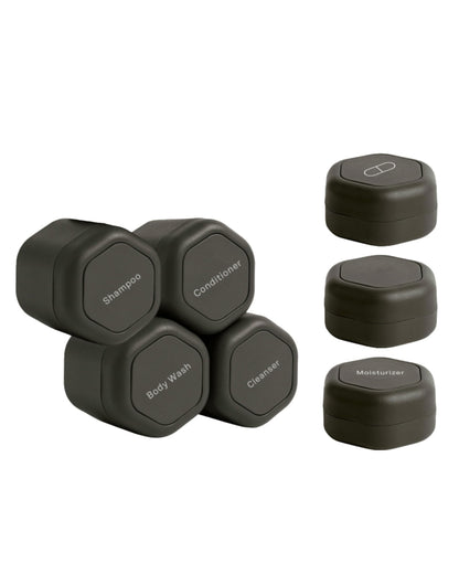Cadence Travel Containers - Daily Routine Capsule Set - Magnetic Travel Capsules - For Shampoo, Conditioner, Body Wash, Pills, and More - 4 Flex Mediums (1.32oz) &amp; 3 Flex Smalls (0.56oz) - Sand