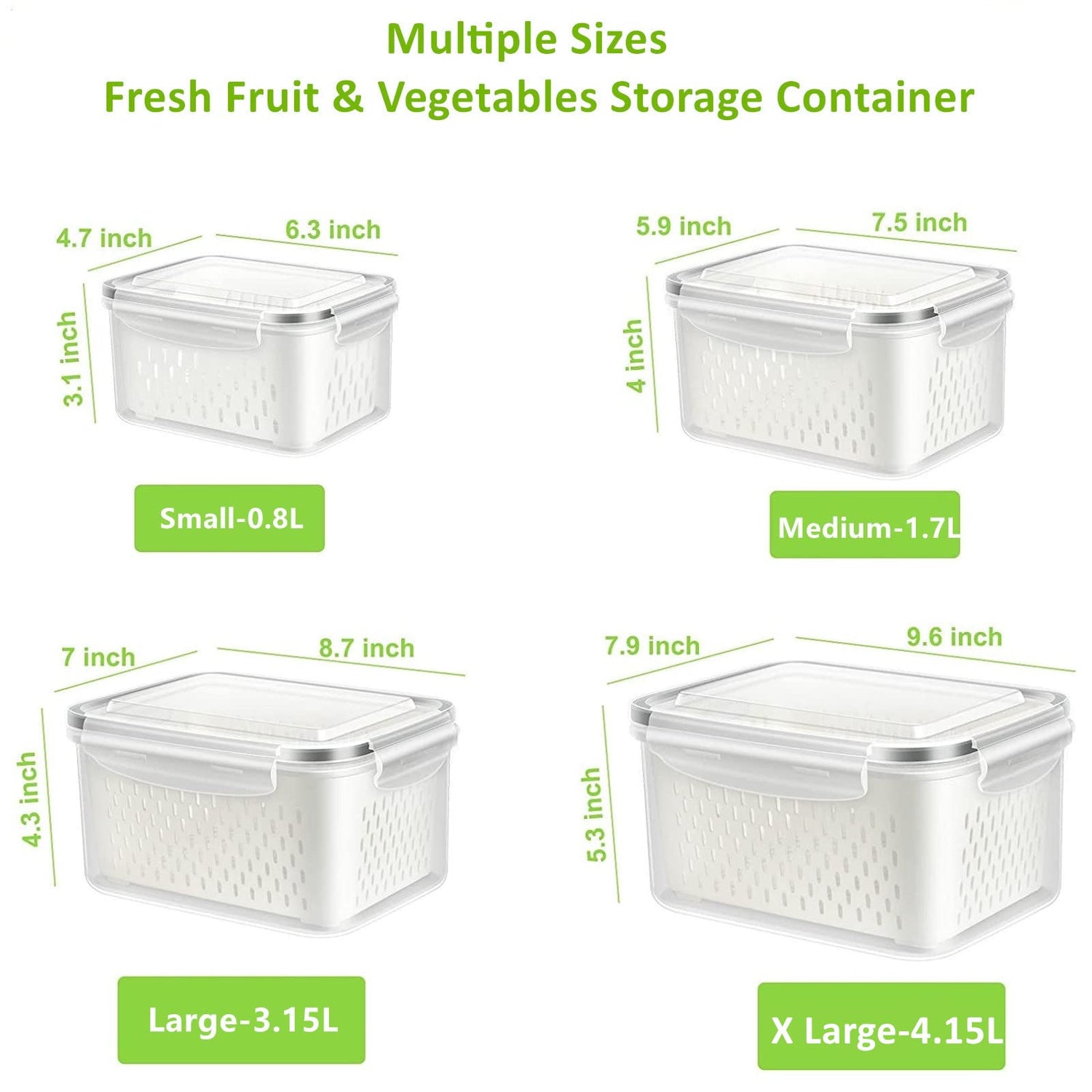 Fresh Food Storage Containers, 3 Pack Large Capacity Produce Saver Box with Drain Baskets &amp; Lid for Vegetable and Fruit - BPA Free Stackable Refrigerator Organizer for Kitchen (0.8L+1.7L+3.15L)