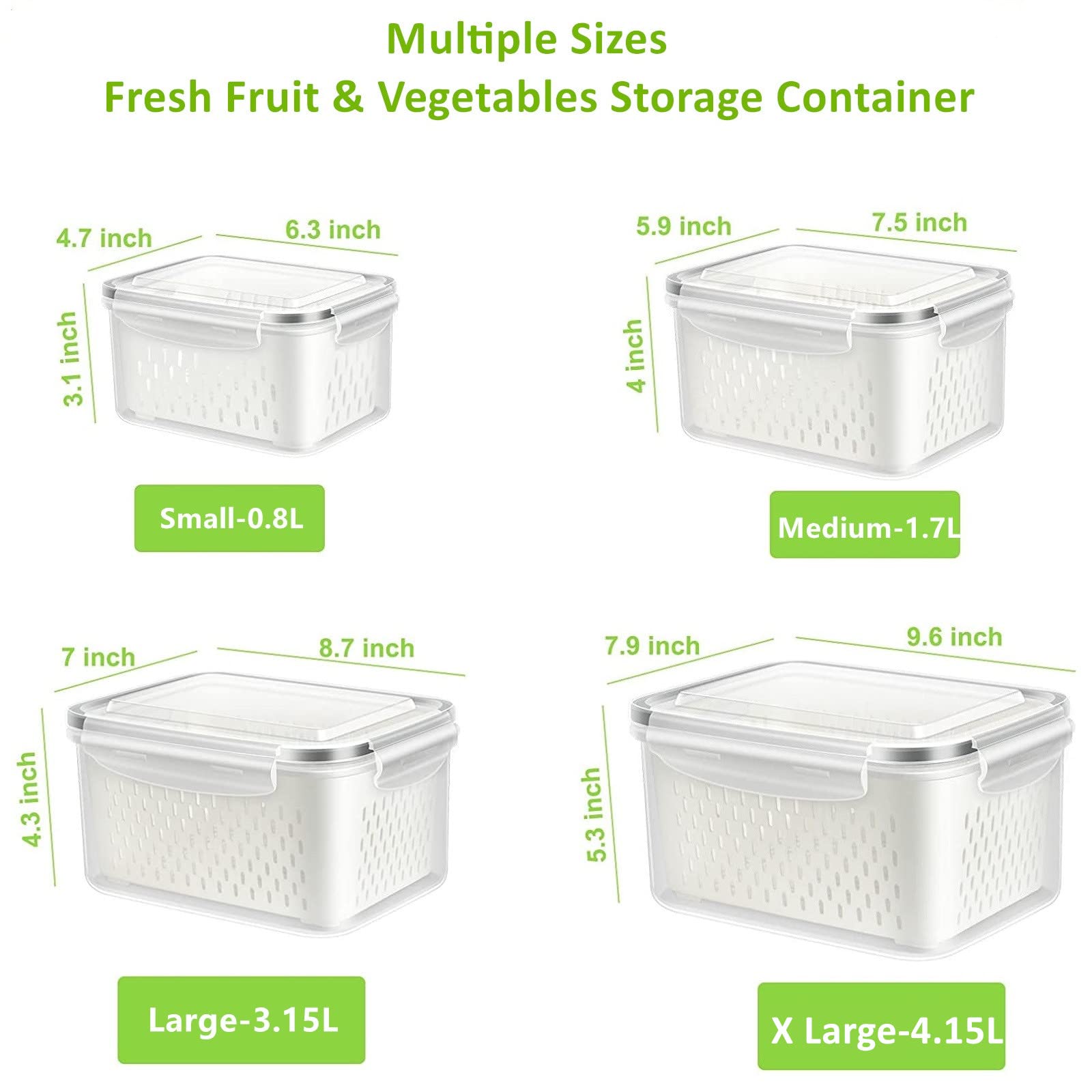 Fresh Food Storage Containers, 3 Pack Large Capacity Produce Saver Box with Drain Baskets &amp; Lid for Vegetable and Fruit - BPA Free Stackable Refrigerator Organizer for Kitchen (0.8L+1.7L+3.15L)