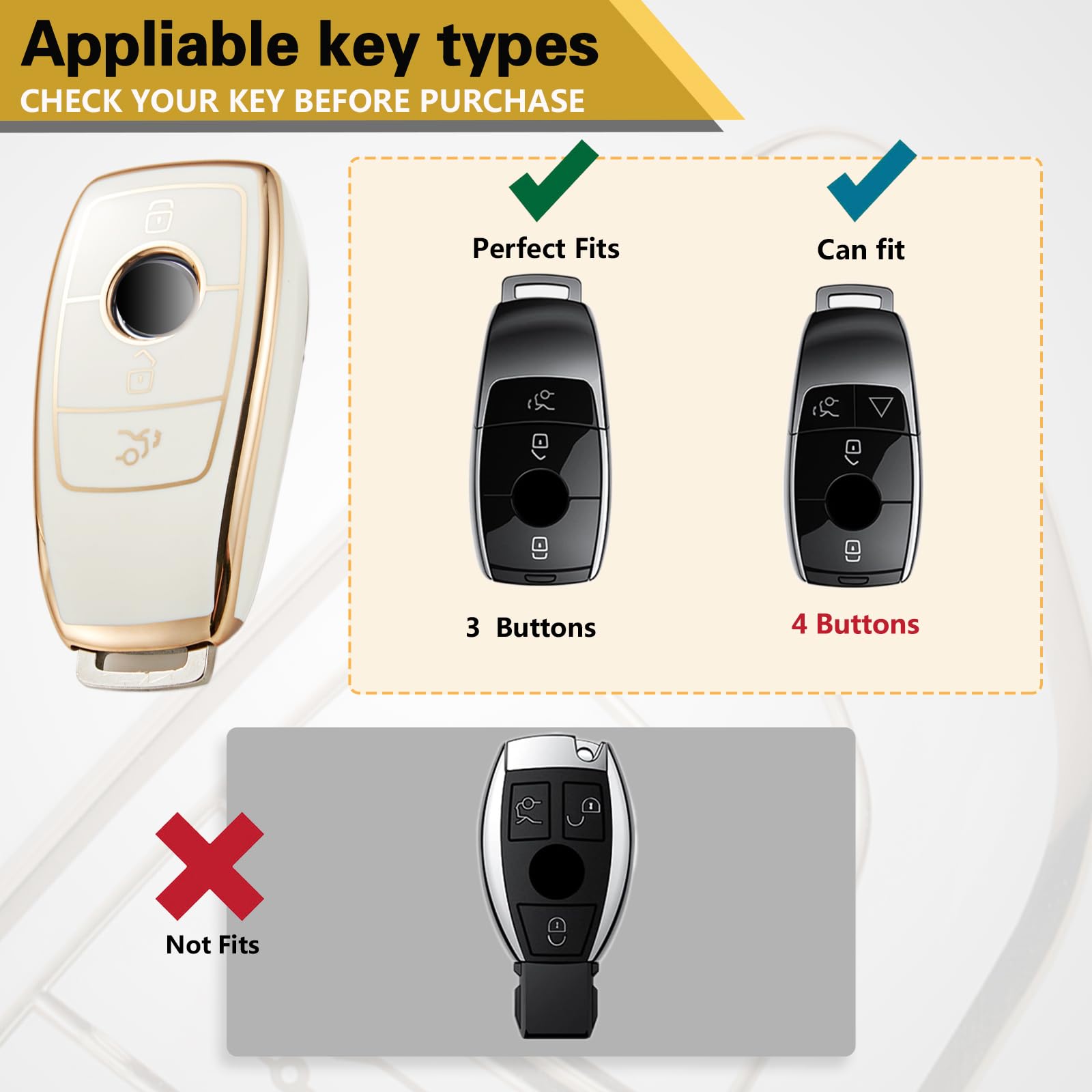 Cadillac Key Fob Cover with Metal Braided Rope Keychain, Upgraded Soft Key Case for 2015-2019 Escalade CTS SRX XT5 ATS STS CT6 (5 Button) (Gold Edge)