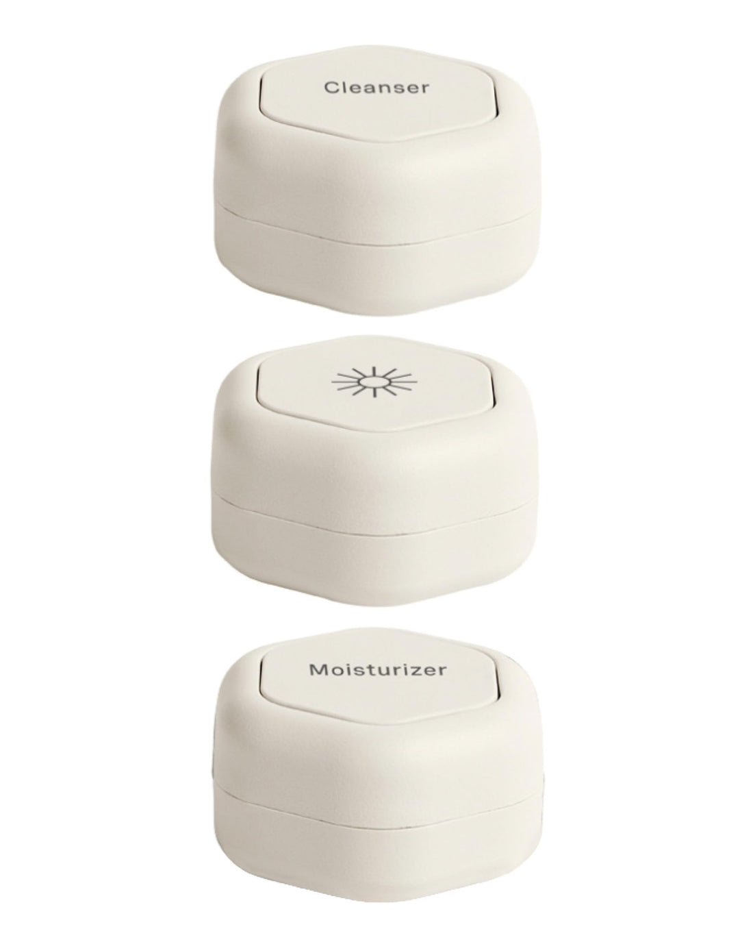 Cadence Travel Containers - Skincare Set - Magnetic Travel Capsules - for Facial Cleanser, Moisturizer, Sunscreen - 3 Small Capsules (0.56oz) with Cleanser, Moisturizer &amp; Sun-Icon Labels - Sand