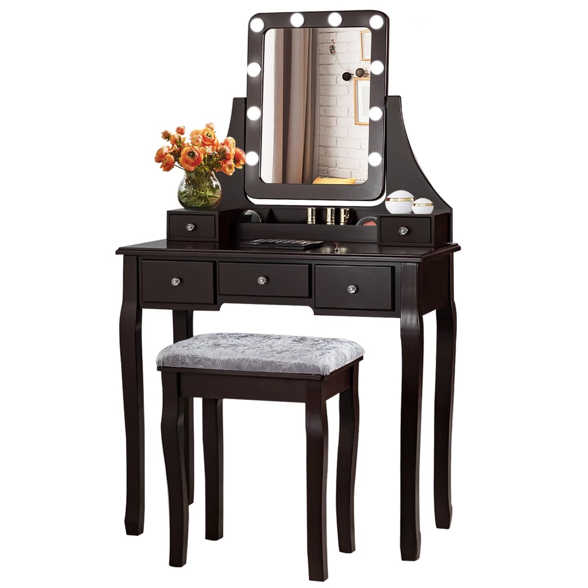 DORTALA Vanity Table Set with 360° Mirror &amp; Cushioned Stool, Makeup Table with 10 LED Dimmable Bulbs, Bedroom Wood Dressing Table with 5 Drawers and Removable Box Organizer, Gift for Females (White)