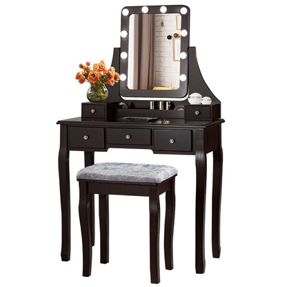 DORTALA Vanity Table Set with 360° Mirror &amp; Cushioned Stool, Makeup Table with 10 LED Dimmable Bulbs, Bedroom Wood Dressing Table with 5 Drawers and Removable Box Organizer, Gift for Females (White)