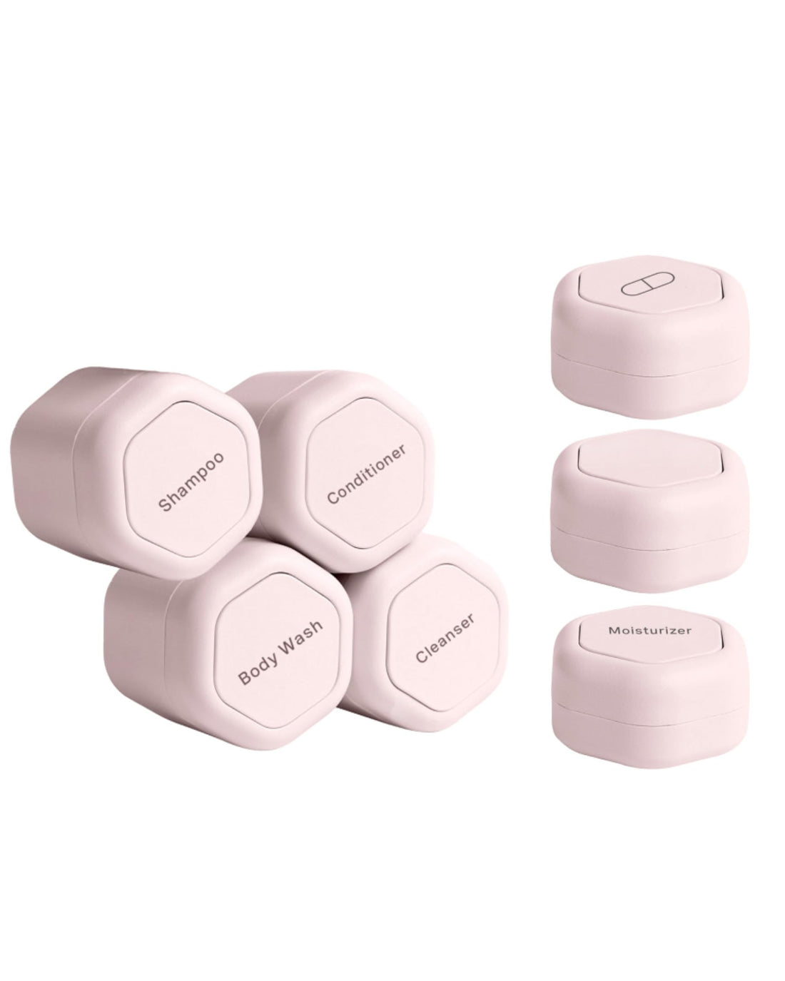 Cadence Travel Containers - Daily Routine Capsule Set - Magnetic Travel Capsules - For Shampoo, Conditioner, Body Wash, Pills, and More - 4 Flex Mediums (1.32oz) &amp; 3 Flex Smalls (0.56oz) - Sand