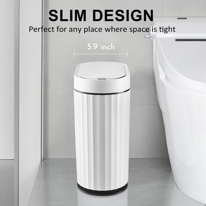 ELPHECO Mini Desktop Trash Can with Lid, Small Slim Automatic Garbage Can, 1.3 Gallon Motion Sensor Countertop Waste Basket for Bedroom, Office, Bathroom, White with Grey Trim