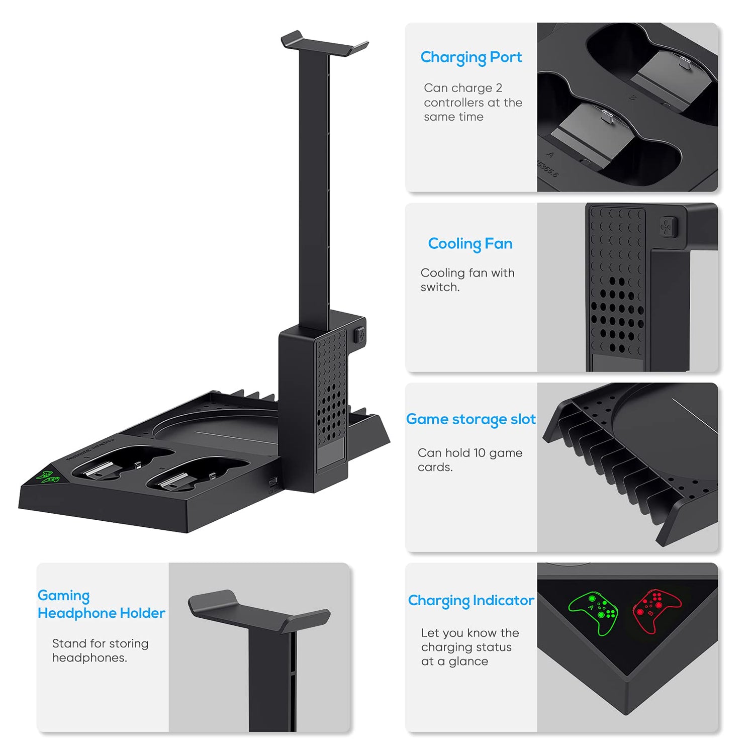 MENEEA Cooling Fan &amp; Charging Stand for Xbox Series X Console and Controller,Vertical Cooler System Dual Charger Station Dock Accessories Kit with 2 x 1400mAh Rechargeable Battery (Black)