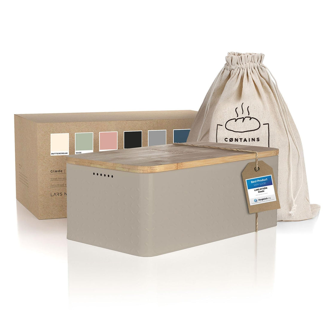 LARS NYSØM Bread Box I Metal bread box with linen bread bag for long lasting freshness I Bread box with bamboo lid usable as cutting board I 34 x 19.5 x 13.5 cm (Taupe Brown)