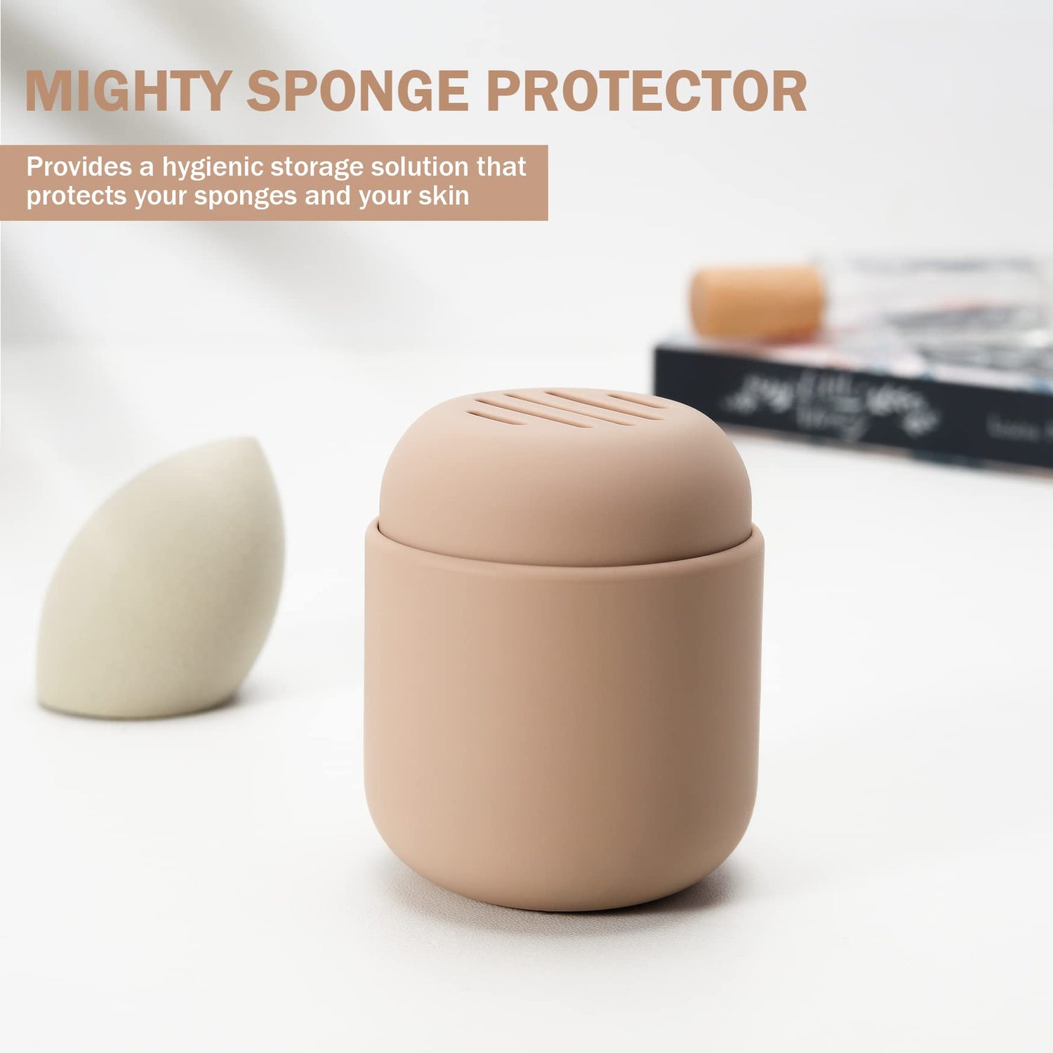 BEZOX Makeup Sponge Holder, Silicone Beauty Sponge Case with Double-Sided Vent Design for Quick Drying, Compact Travel Essentials Make Up Blender Container - Khaki