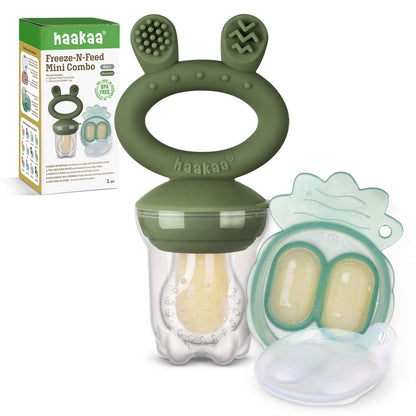Haakaa Baby Fruit Food Feeder &amp; Mini Freezer Nibble Tray Combo, Breastmilk Popsicle Molds for Cooling Relief, BPA Free Silicone Feeder for Safe Infant Self Feeding, 4 Month+ (Pea Green)