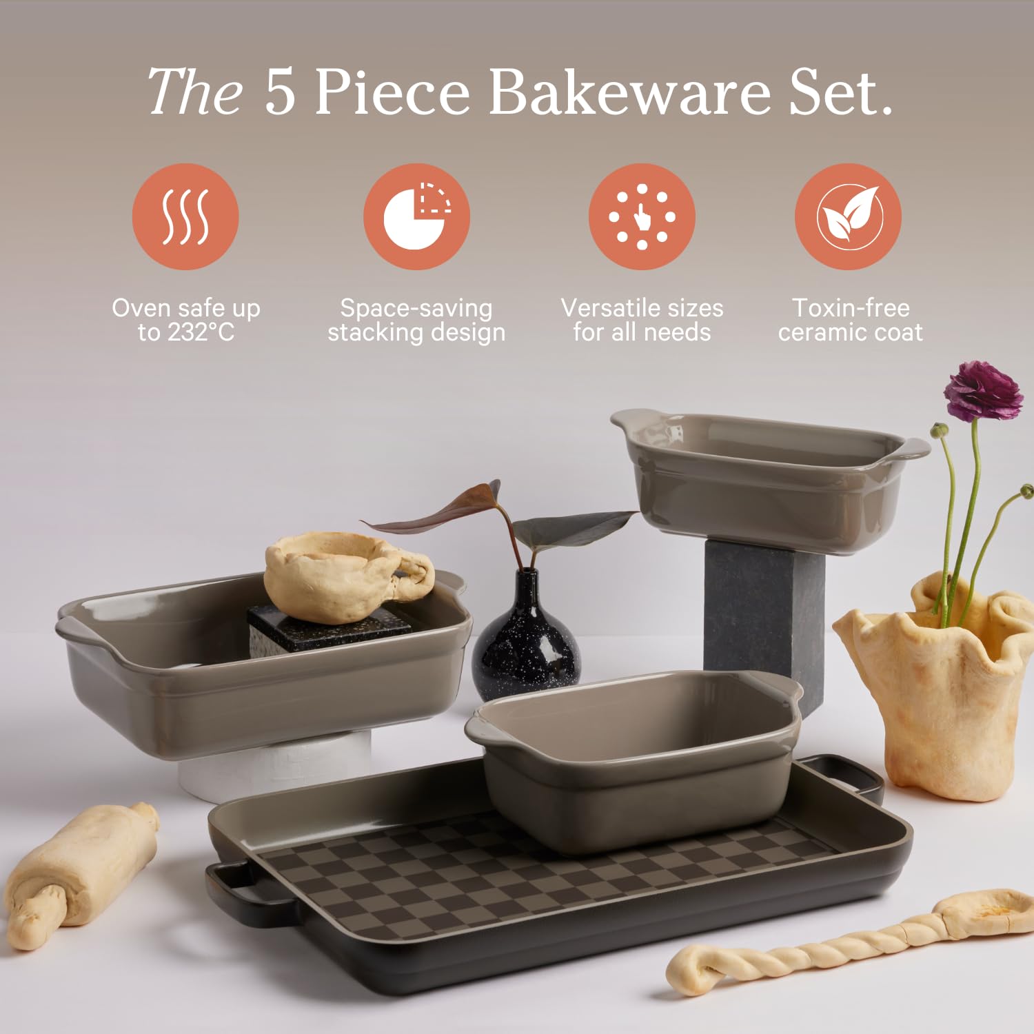 Our Place Bakeware Set | 5-Piece Nonstick, Toxin-Free, Ceramic, Stoneware Set with Oven Pan, Bakers, &amp; Oven Mat | Space-Saving Nesting Design | Oven-Safe | Bake, Roast, Griddle and more | Steam