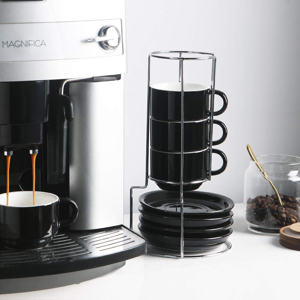 Sweejar Porcelain Espresso Cups with Saucers, 2.5 Ounce Stackable Cappuccino Cups with Metal Stand for Coffee Drinks, Latte, Tea - Set of 4 (Black)