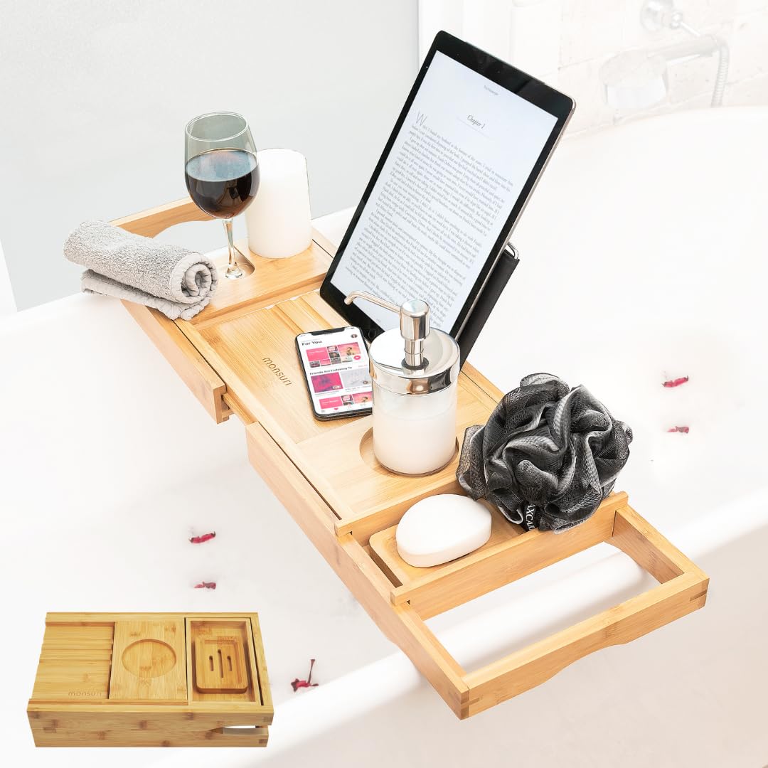 Bamboo Bathtub Tray Caddy Expandable - Over The Tub Bath Caddy Tray for Bathtub Accessories for Relaxing Spa, Bamboo Bath Tray for Tub Accessories for Bathtub for Women. Bath Spa Gifts for Women.
