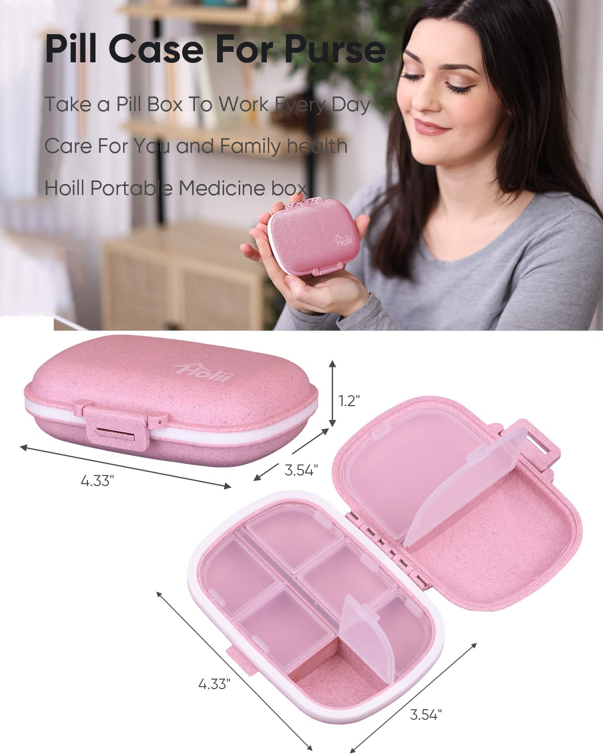 Holii Travel Pill Organizer, 8 Compartments Portable Pill Case, Daily Pill Box to Hold Vitamins, Small Pill Container for Pocket Purse Medicine Organizer（Khaki）