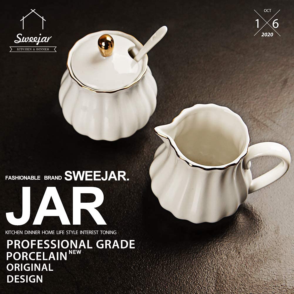 SWEEJAR Royal Ceramic Sugar and Creamer Set &amp; Espresso spoons 18/10 Stainless Steel