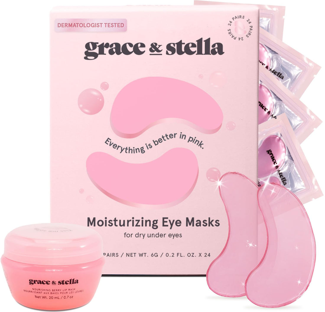 grace &amp; stella Eye Mask Pink 24 Pairs + Hyaluronic Acid Serum 1.7 fl oz Bundle