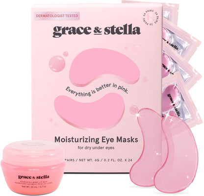grace &amp; stella Eye Mask Pink 24 Pairs + Hyaluronic Acid Serum 1.7 fl oz Bundle