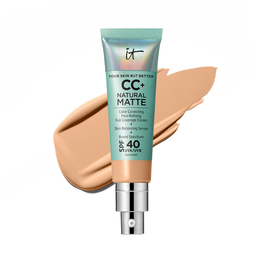 IT Cosmetics CC+ Cream Natural Matte Foundation with SPF 40 - Shine-Reducing &amp; Long-Wear Full Coverage Foundation For Oily Skin - With Hyaluronic Acid - Fragrance Free &amp; Non-Comedogenic - 1.08 fl oz