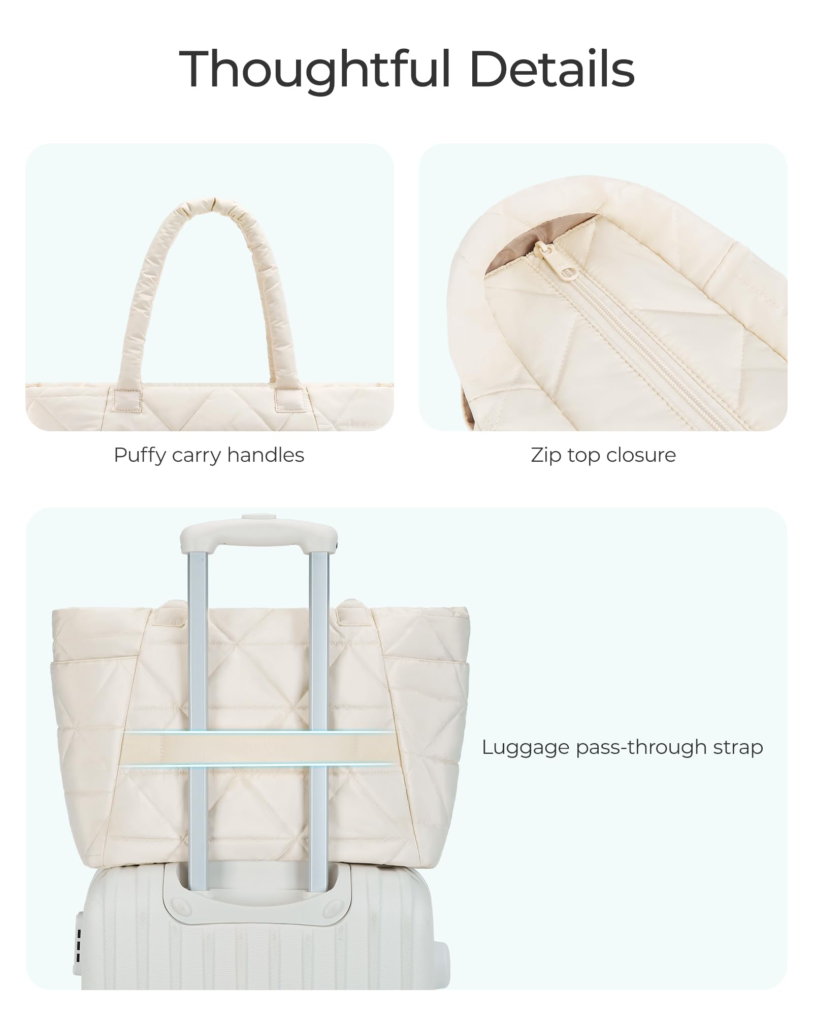 BAGSMART Tote Bag for Women, Puffy Tote Bag with Zipper, Large Quilted Shoulder Bag with Compartments for Travel, Work, Gym