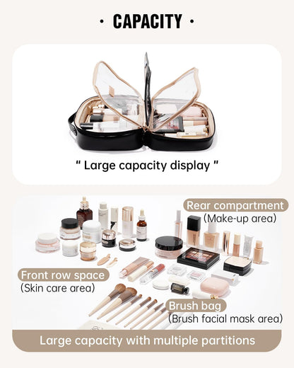 EACHY Travel Makeup Bag,Large Capacity Cosmetic Bags for Women,Waterproof Portable Pouch Open Flat Toiletry Bag Make up Organizer with Divider and Handle