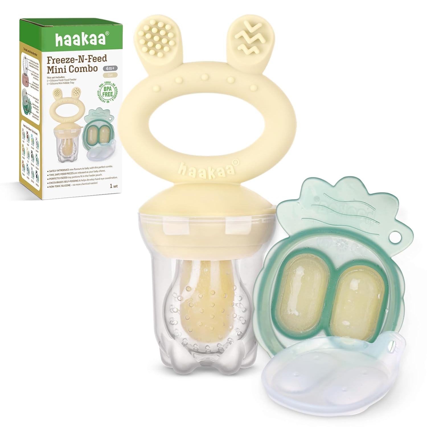 Haakaa Baby Fruit Food Feeder &amp; Mini Freezer Nibble Tray Combo, Breastmilk Popsicle Molds for Cooling Relief, BPA Free Silicone Feeder for Safe Infant Self Feeding, 4 Month+ (Pea Green)